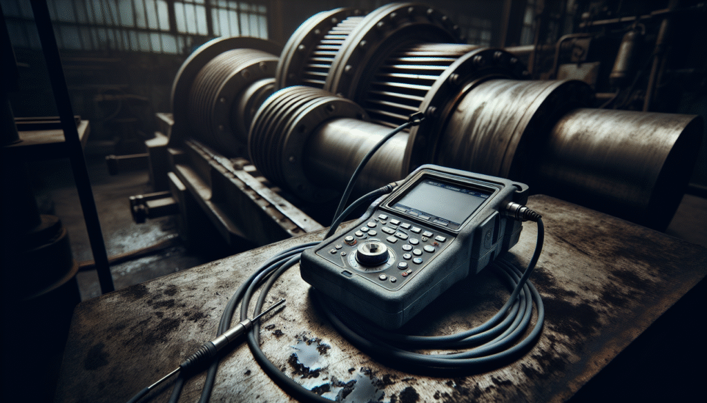 Peralatan ultrasonik NDT profesional di komponen turbin air usang untuk pemeliharaan.