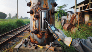 Technician performing ultrasonic NDT testing on a corroded utility pole for corrosion and fatigue prevention strategy.