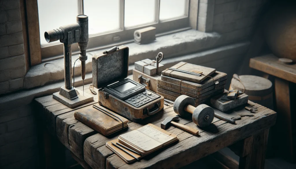 Portable ultrasonic tester and rebound hammer on a workbench for NDT inspection of concrete irrigation structures.