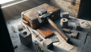 A weathered Schmidt hammer and calibration blocks on a field notebook in a geotechnical workspace, illustrating proactive maintenance for accurate data and maximum uptime.