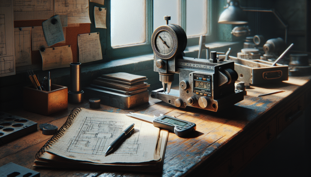 Engineer's workspace with hardness testing device and blueprint for predictive maintenance strategy and overhaul scheduling.