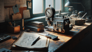 Engineer's workspace with hardness testing device and blueprint for predictive maintenance strategy and overhaul scheduling.