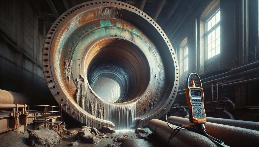 Pipa penstock PLTA tua diinspeksi dengan NDT ultrasonik untuk strategi pemeliharaan proaktif.