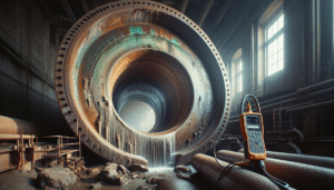 Pipa penstock PLTA tua diinspeksi dengan NDT ultrasonik untuk strategi pemeliharaan proaktif.