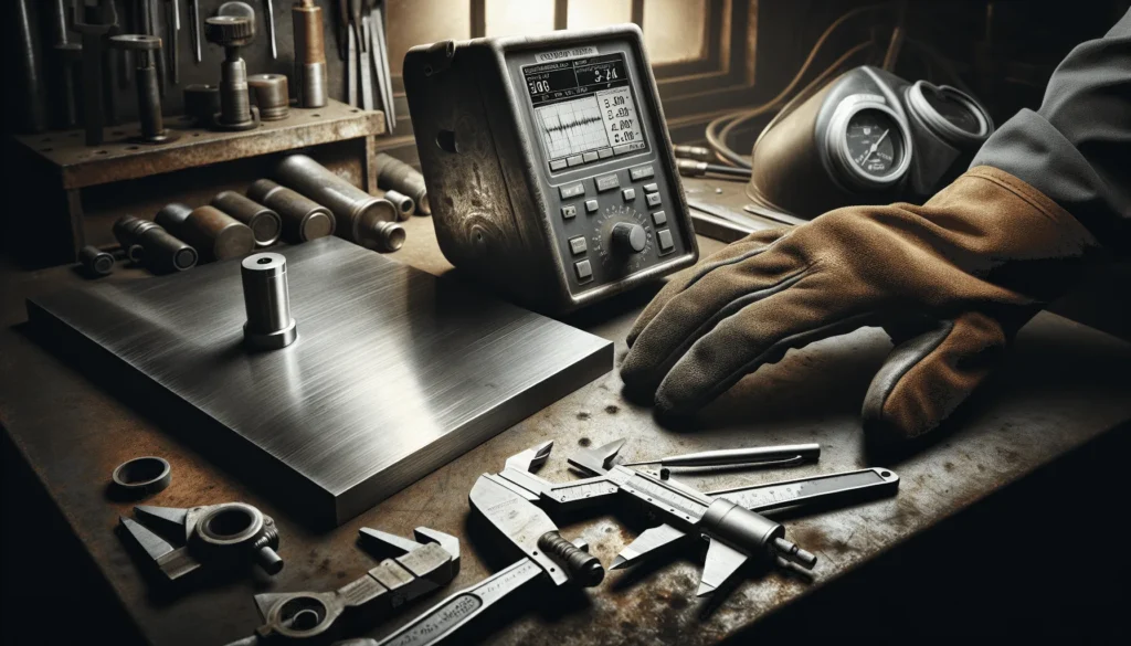 Technician using an ultrasonic thickness gauge to measure steel plate in a precision metal fabrication workshop, demonstrating zero reject strategy.