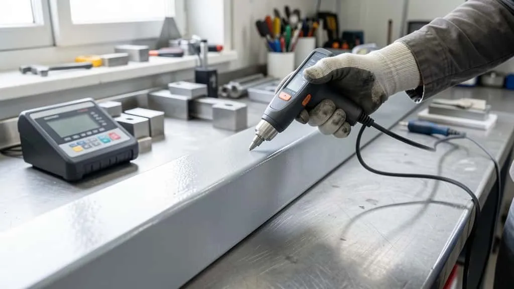 Technician using ultrasonic thickness gauge sensor on freshly painted industrial steel beam for coating inspection
