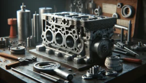 Close-up of a worn engine block on a mechanic's bench with precision measuring tools like a cylinder bore gauge for accurate analysis of cylinder wall wear and remaining thickness.