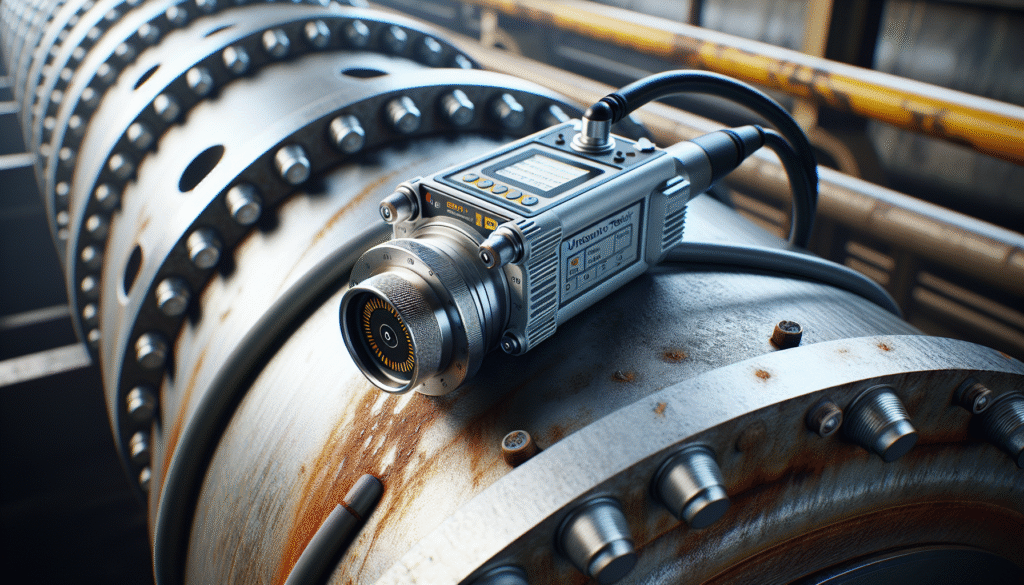 Transducer pengujian ultrasonik las pada pipa industri di PLTU.