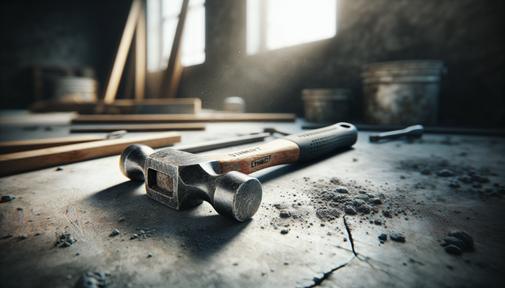 Alat palu Schmidt untuk uji infrastruktur tambang di atas beton retak, menunjukkan bekas penggunaan alami