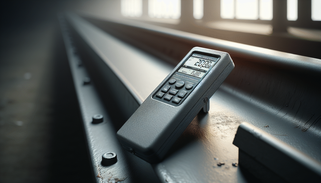 Thickness meter mengukur ketebalan pelapisan proteksi pada balok latei baja di lingkungan industri.