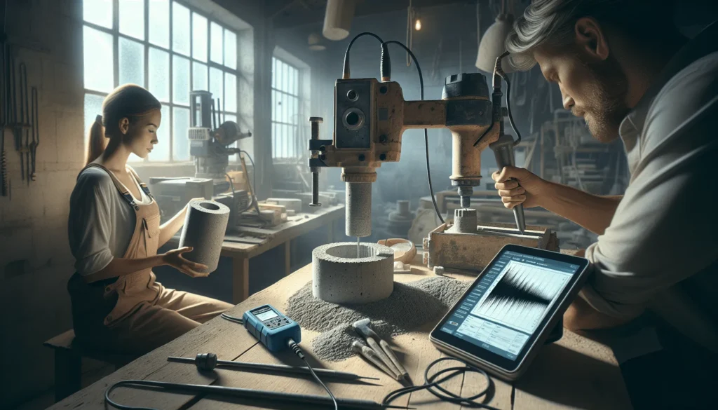 Side-by-side comparison of a core drill machine extracting a concrete cylinder sample and an ultrasonic pulse velocity tester analyzing a cracked concrete surface for steel frame project inspection.