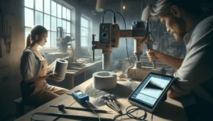 Side-by-side comparison of a core drill machine extracting a concrete cylinder sample and an ultrasonic pulse velocity tester analyzing a cracked concrete surface for steel frame project inspection.