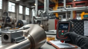 Portable hardness tester probe contacting a stainless steel heat exchanger thin wall with a digital display showing a live reading in an industrial workshop, calibration blocks and inspection notes nearby