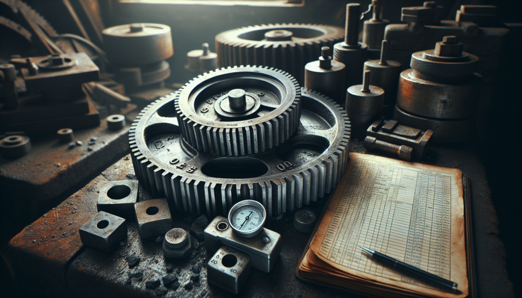 Leeb hardness tester measuring a worn steel mining gear in a rugged maintenance workshop, with calibration tools and logbook.
