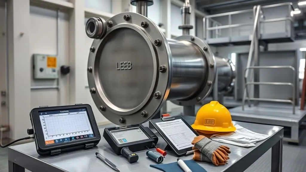 Catalyst cooler vertikal shell-and-tube di unit FCC, teknisi melakukan uji kekerasan material saat inspeksi pemeliharaan