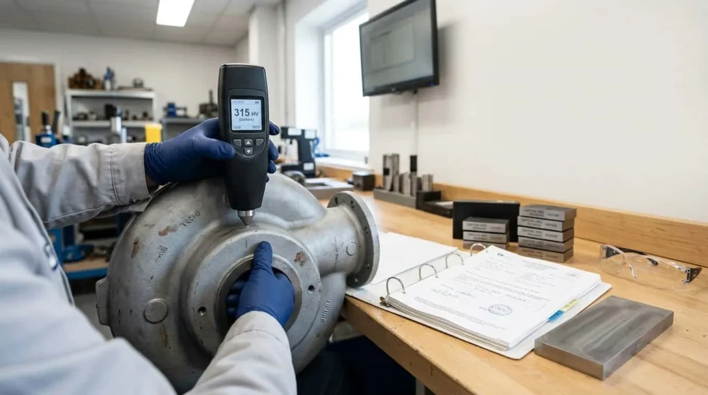 Pengujian kekerasan material casing pompa menggunakan hardness tester portabel di laboratorium kendali mutu.