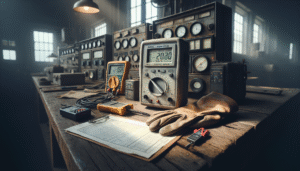 Portable hardness tester on a wooden workbench in a substation workshop, surrounded by multimeters and gloves, for reliable field inspection and maintenance.
