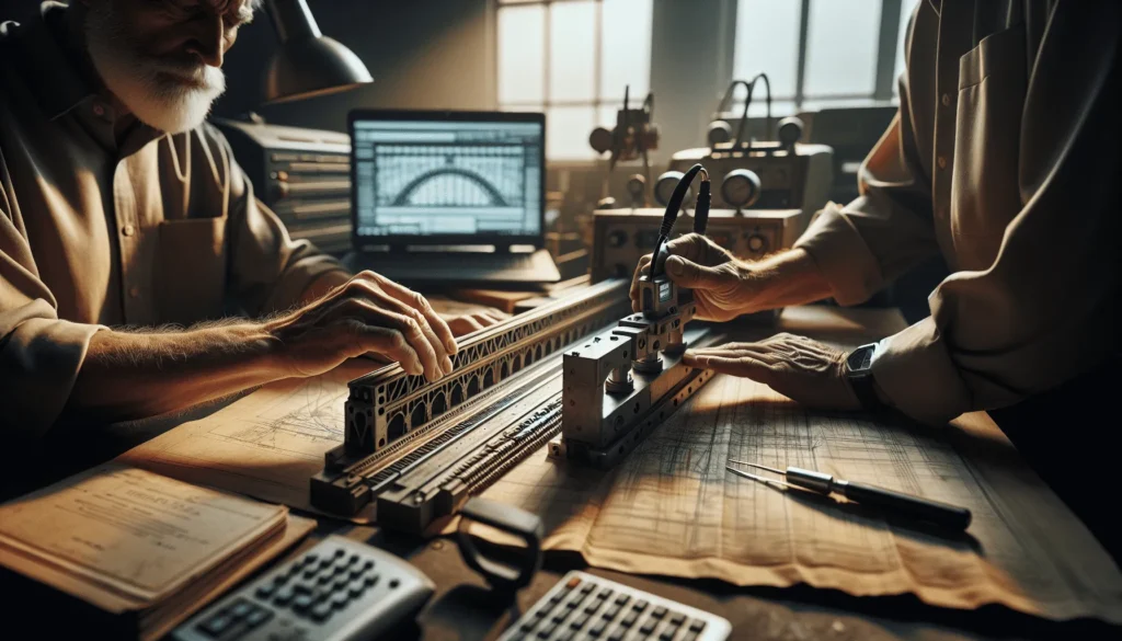 NDT technician calibrating ultrasonic testing and magnetic particle inspection equipment on a scale model of Suramadu Bridge.