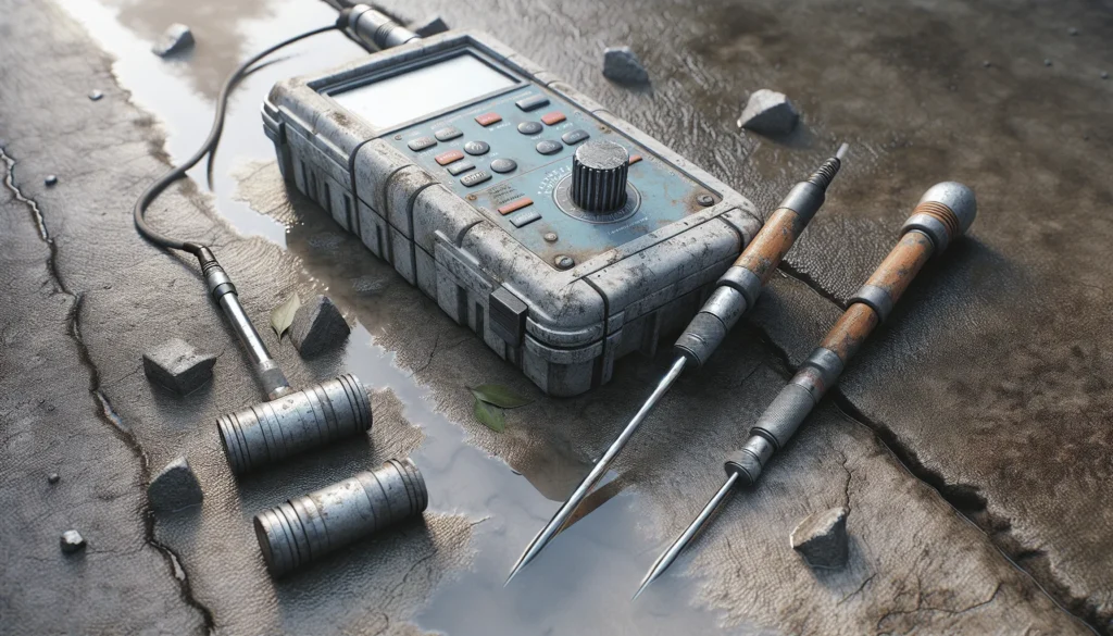 Portable ultrasonic tester and rebound hammer for concrete inspection on a weathered irrigation canal surface.