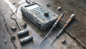 Portable ultrasonic tester and rebound hammer for concrete inspection on a weathered irrigation canal surface.