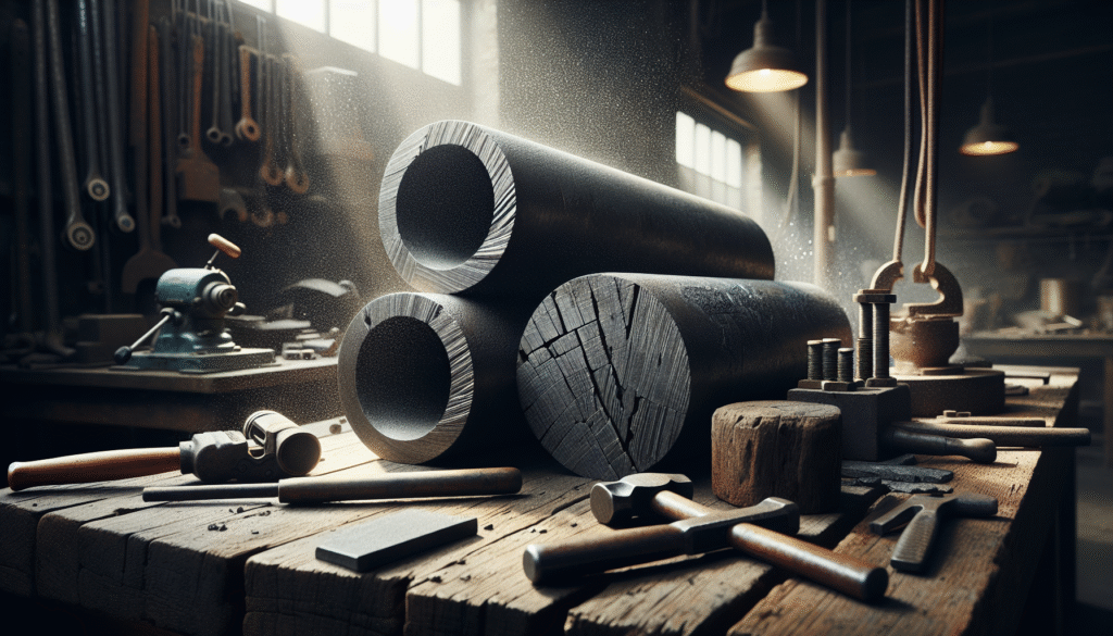 Close-up comparison of cast iron vs carbon steel pipe fractures on a workshop bench, with tools for material verification.