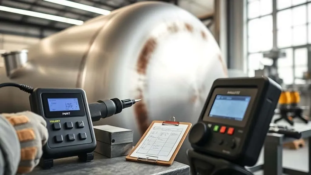 Portable hardness tester probe pressed against PWHT weld seam on large pressure vessel, with digital display and calibration blocks in industrial workshop.