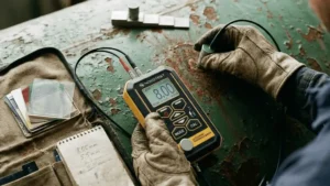 "Professional inspector using a magnetic induction gauge to measure painted steel thickness without damage, showcasing the teknik thru-coating method."