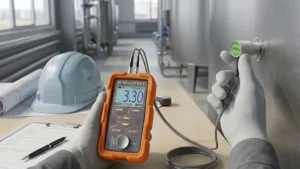 Thickness Gauge mengukur ketebalan dinding tangki penyimpanan bahan kimia baja di fasilitas industri, dengan alat pengukur digital dan cetak biru.