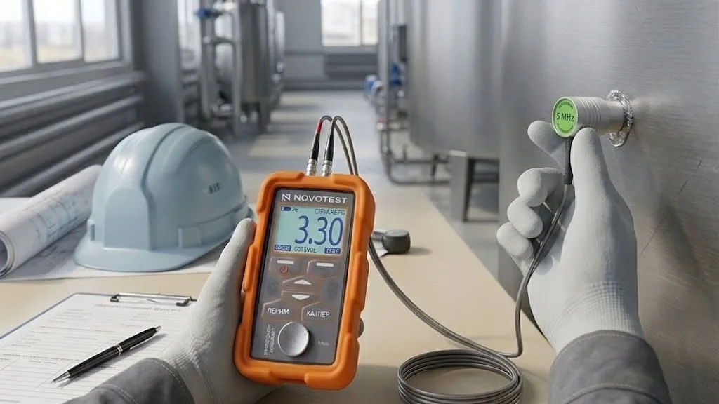 Thickness Gauge mengukur ketebalan dinding tangki penyimpanan bahan kimia baja di fasilitas industri, dengan alat pengukur digital dan cetak biru.