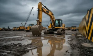 Inspeksi alat berat dalam proyek konstruksi setelah diterjang badai dan cuaca ekstrem