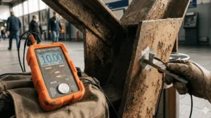 Weathered steel beams with corrosion patterns in a public building, with inspection tools like a caliper and gauge, illustrating the risk of structural degradation for prevention.