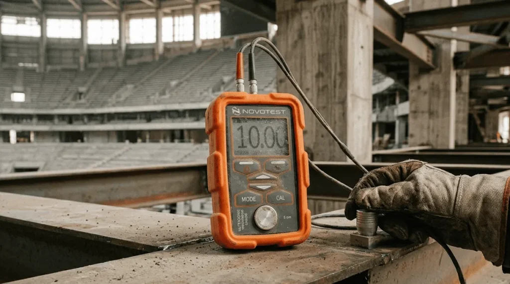 Close-up of an ultrasonic thickness gauge inspecting a weathered steel beam in a vast stadium interior, ensuring structural safety.
