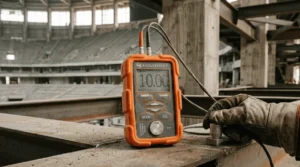 Close-up of an ultrasonic thickness gauge inspecting a weathered steel beam in a vast stadium interior, ensuring structural safety.